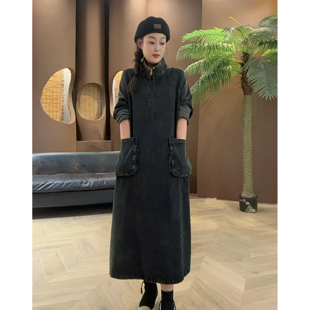 君姐服饰{DK005}秋季套头半拉链H型裙休闲减龄显瘦牛仔连衣裙