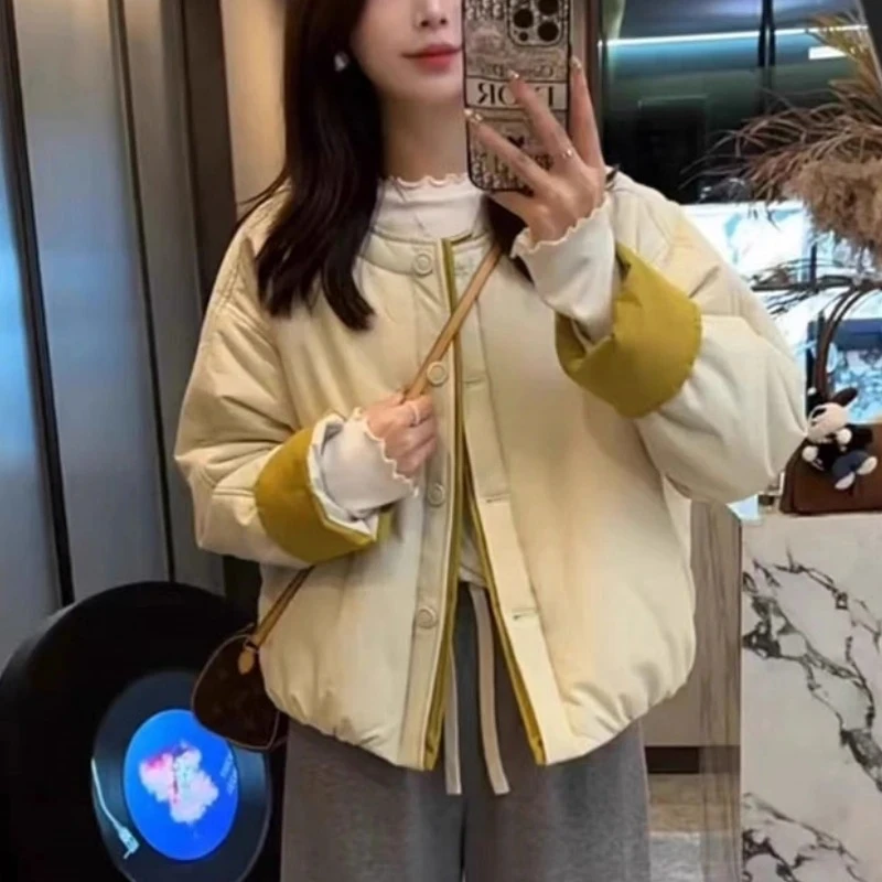 撞色圆领设计感棉服外套女秋冬季新款时尚宽松小个子棉衣