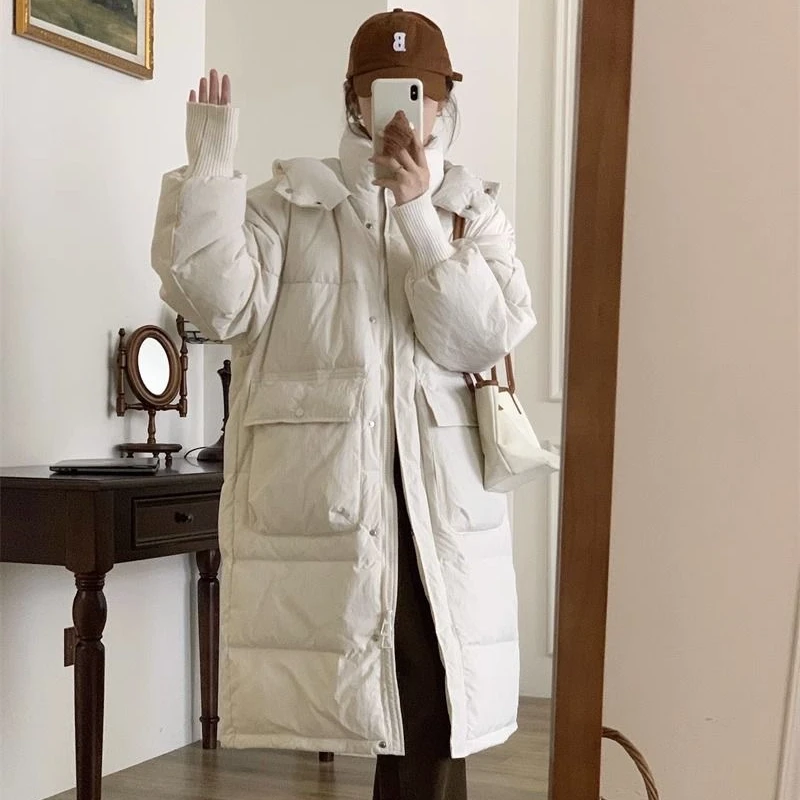 断色清仓开年福利新款白鸭绒羽绒服长款过膝连帽加厚保暖外套