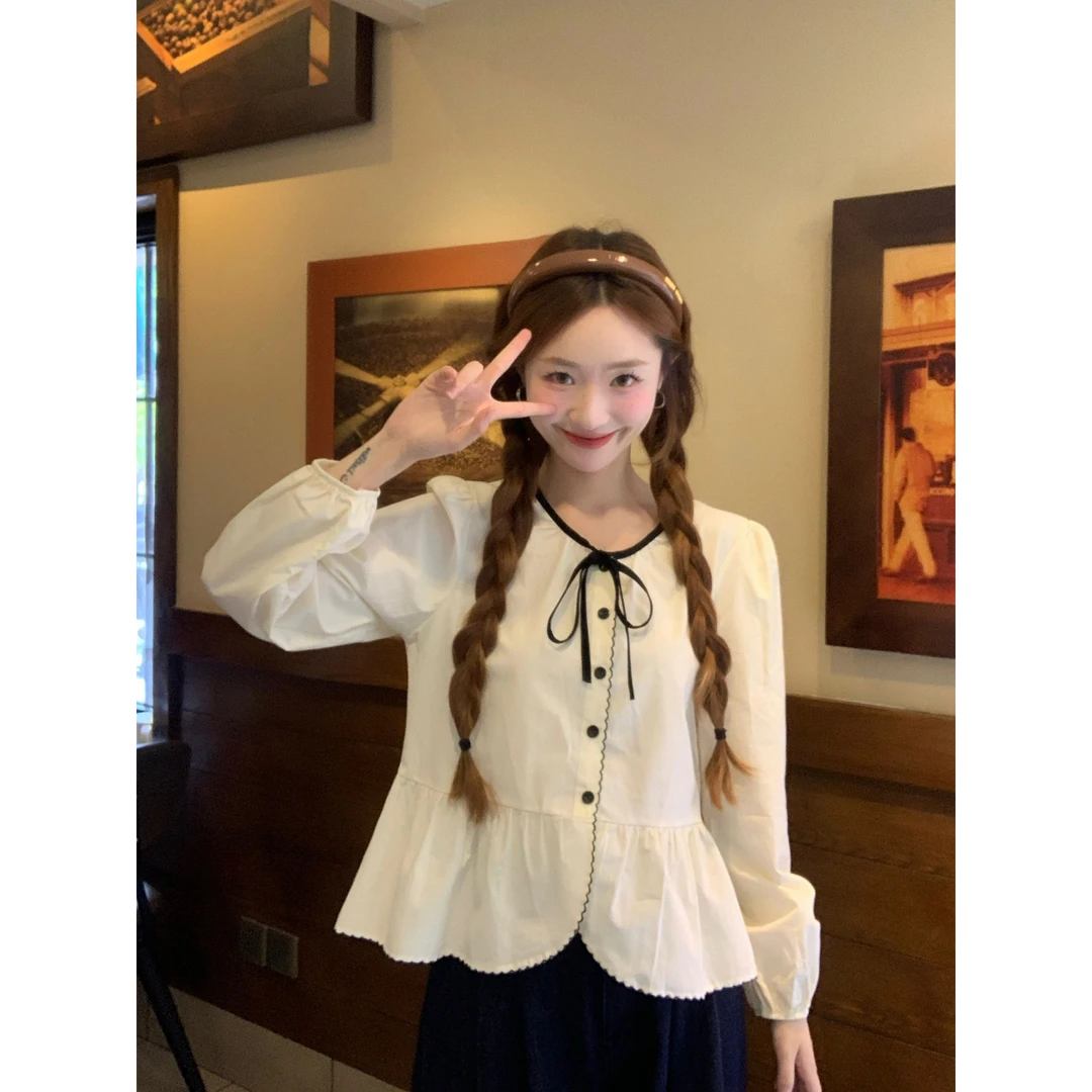 早秋新款法式温柔风设计感蝴蝶结系带长袖衬衫女小众减龄宽松上衣