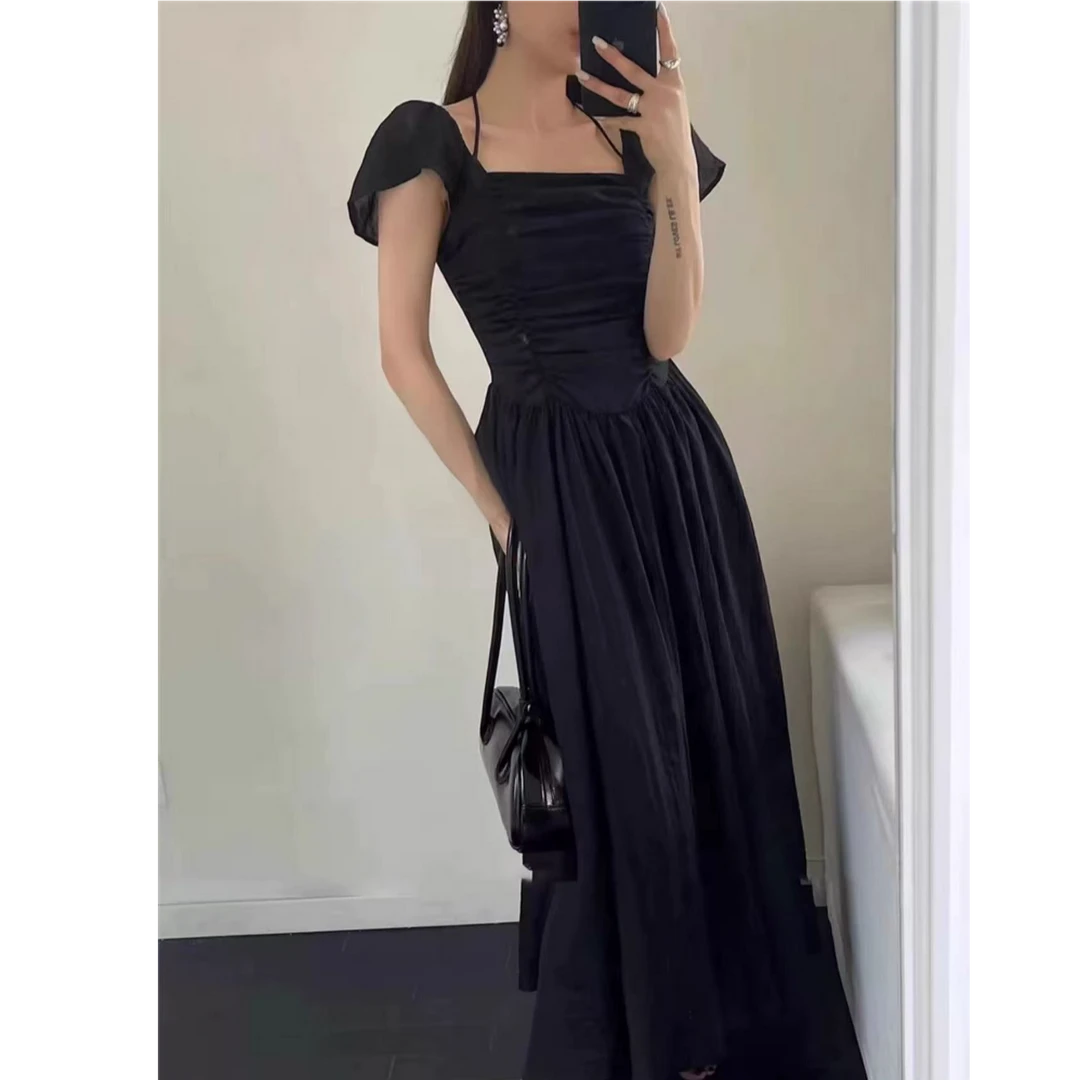 【没运费险】杭州意法天丝一字肩小飞袖两穿收腰褶皱度假连衣裙长裙