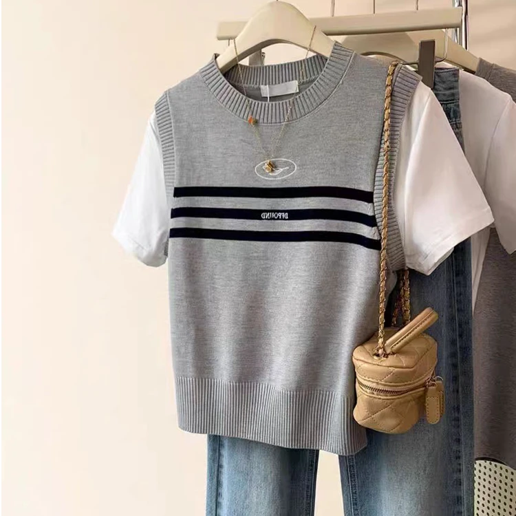 灰色假两件冰丝针织短袖t恤女大码胖妹妹宽松显廋设计感正肩上衣