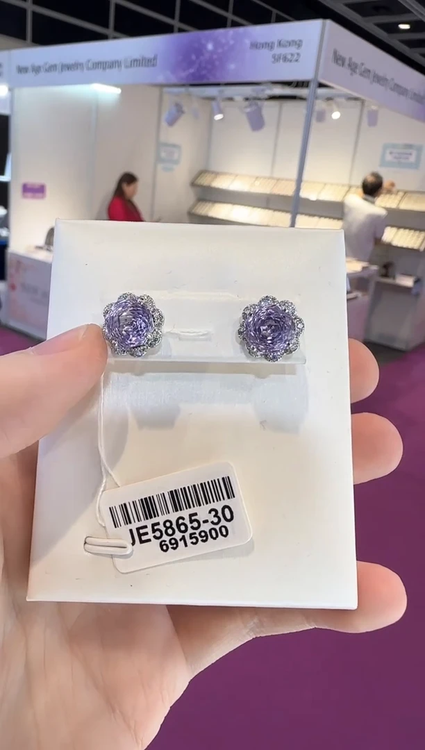 银S925镶嵌耳饰水晶8mm薰衣草耳钉