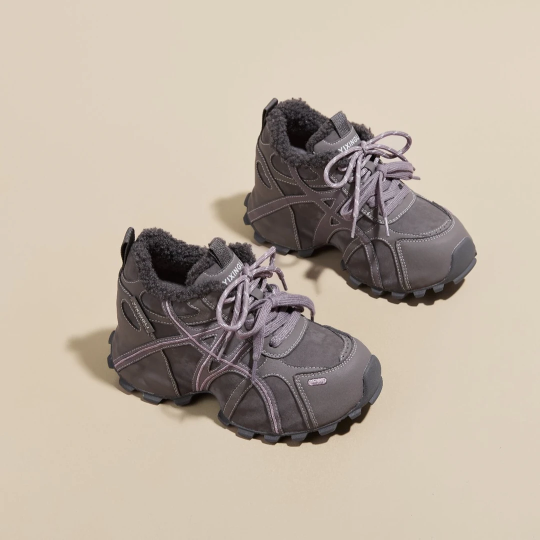 羊羔毛运动鞋老爹鞋黑色加绒增高老爹鞋加绒冬季时尚女鞋