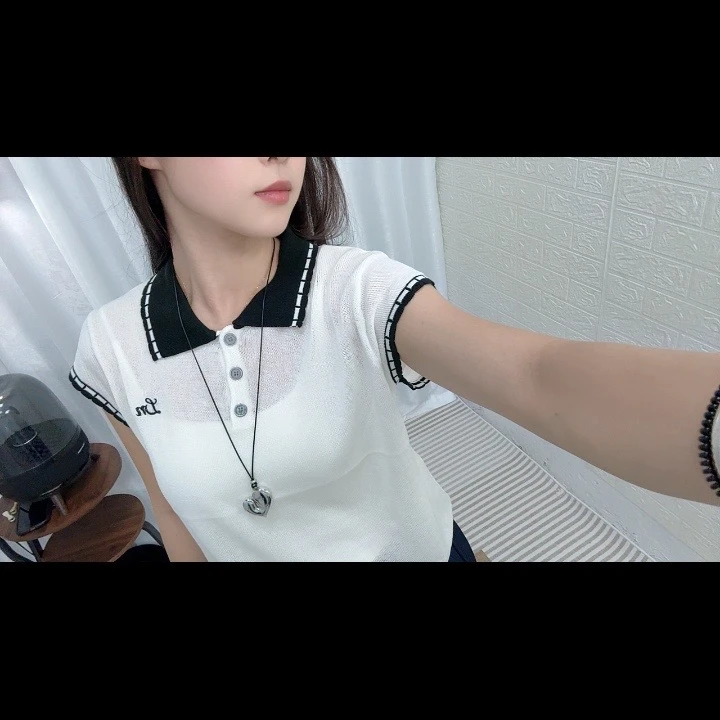 2025夏季新款时尚撞色翻领订扣针织T恤女百搭显瘦上衣女