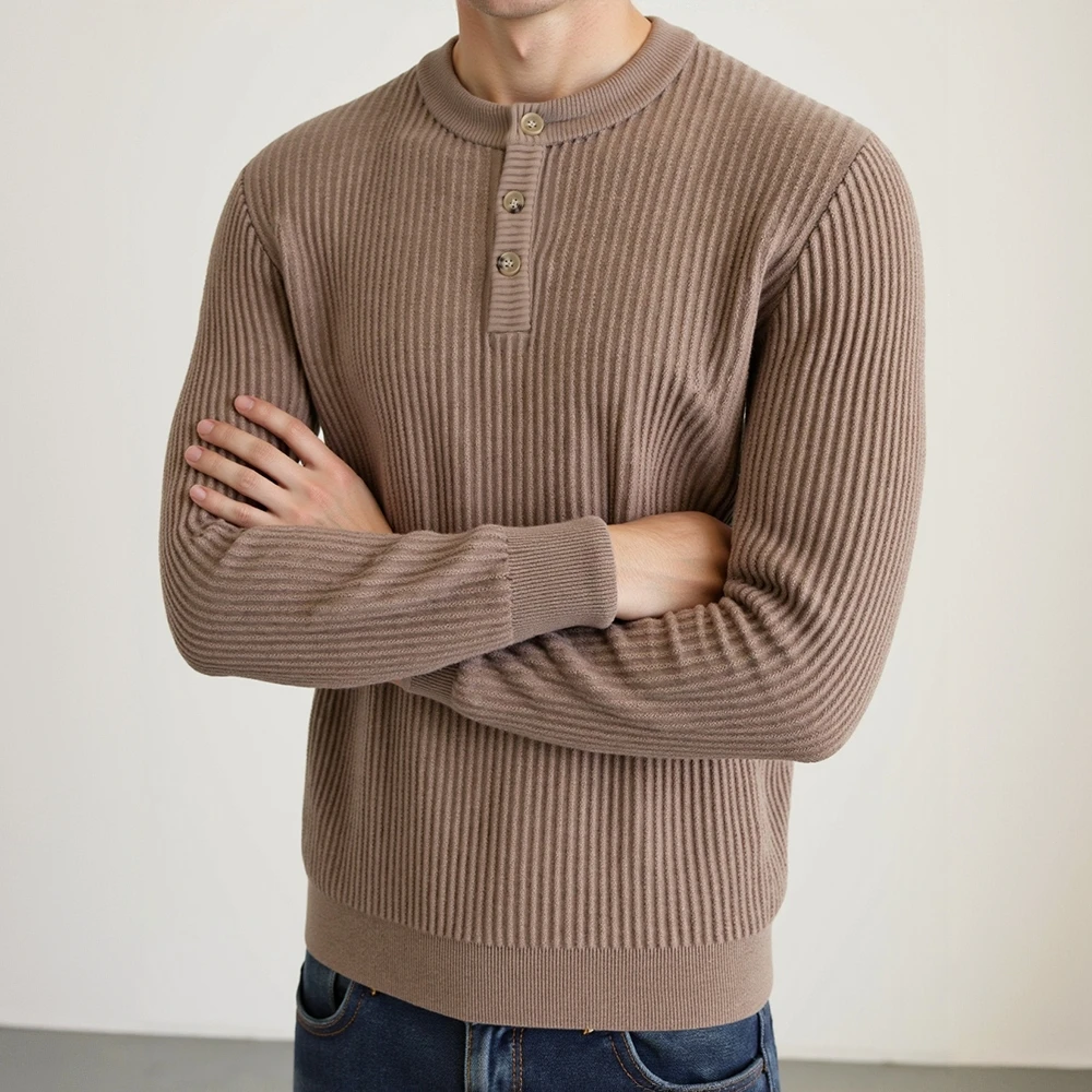 SCHMOWAHRK/施摩瓦戈老钱风毛衣男亨利领秋冬厚款保暖条纹针织衫