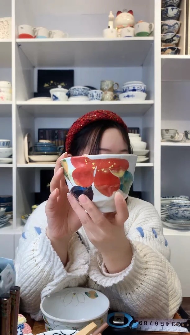 【闪购商品】耐热玻璃和蓝汤碗一只红色山茶花