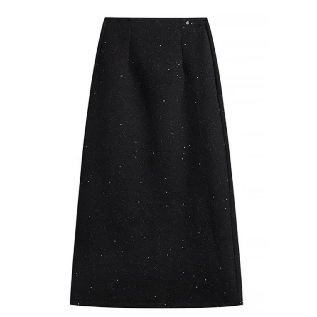 2025早春新款显瘦洒银烫钻包裙气质高腰松紧时尚后开叉裙（25-03）