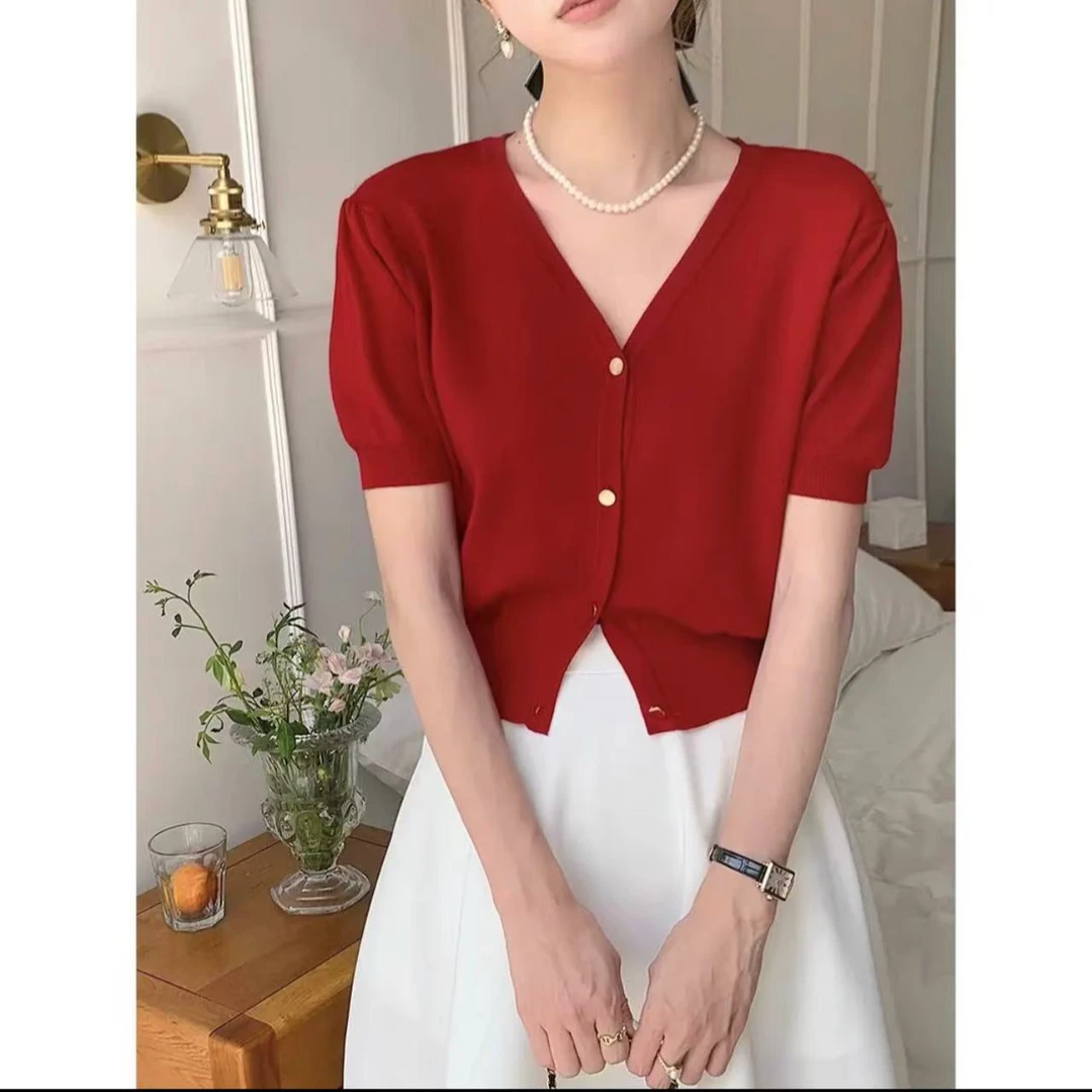 法式短袖t恤女夏季薄款绿泡泡袖针织小开衫冰丝短款v领上衣外套