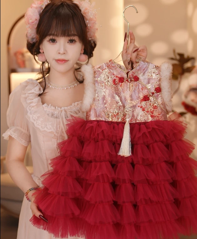 【Y.g8308】新款女宝加厚网纱背心裙加厚套装保暖秋冬儿童气质