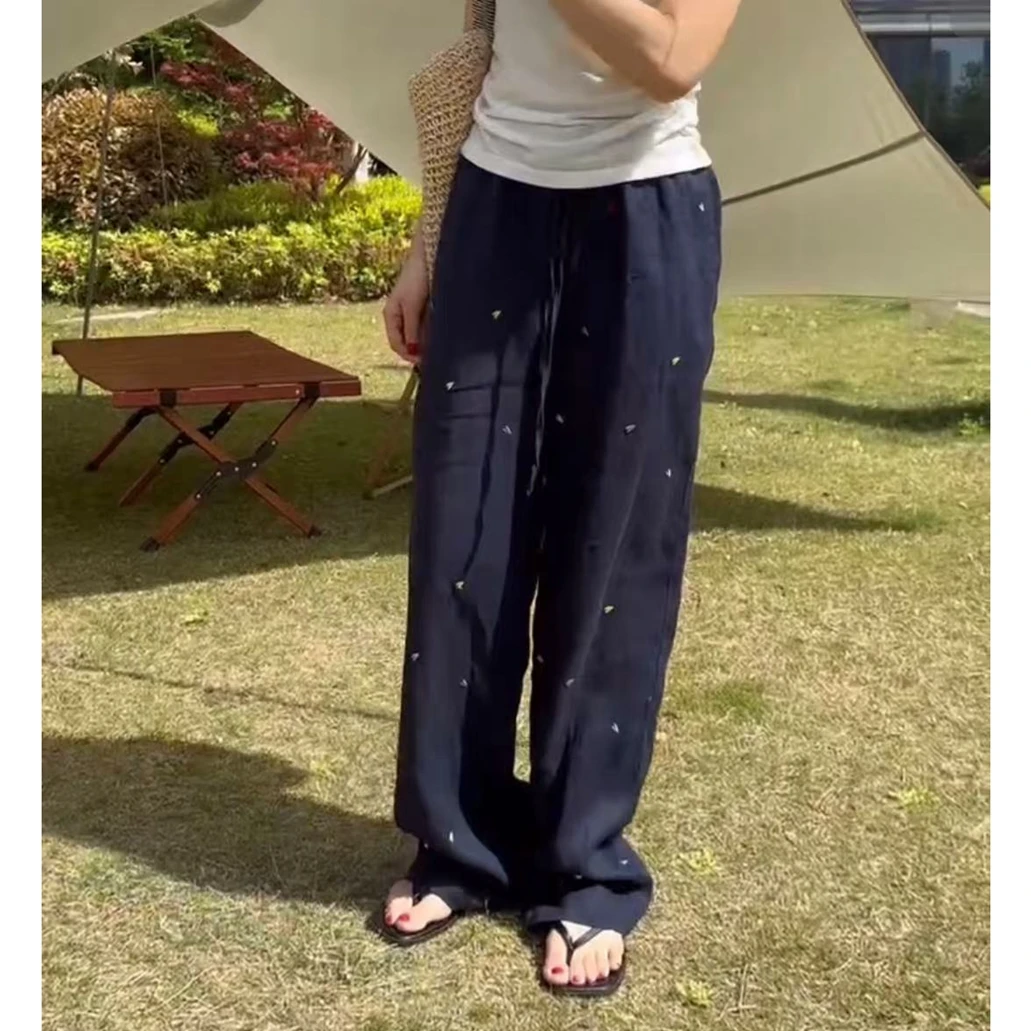 清DCXY 2557 欧货时尚系带松紧腰爱心刺绣显瘦亚麻直筒裤休闲长裤