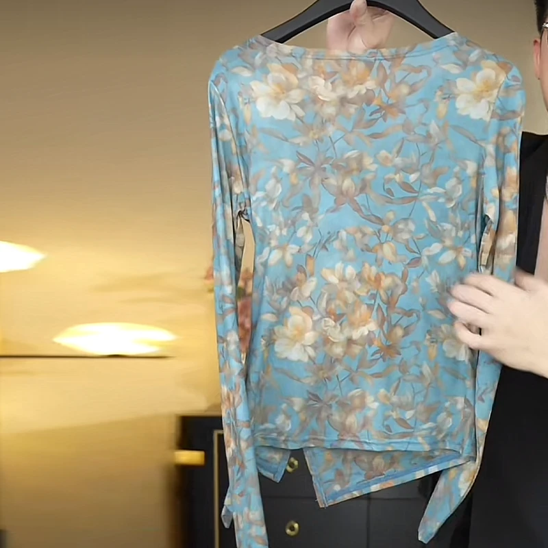 【雾蓝花海】夏季复古气质印花长袖蝴蝶结绑带T恤女修身上衣女潮流