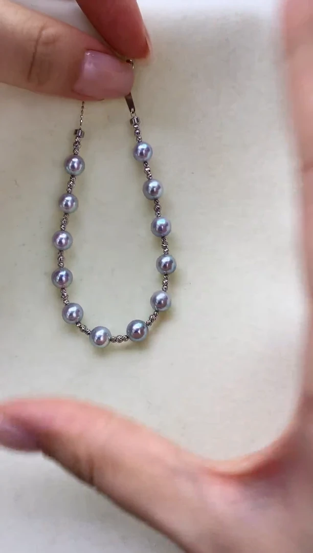 18K金镶嵌DA海水珍珠 GD150 灰珠手链6-7MM