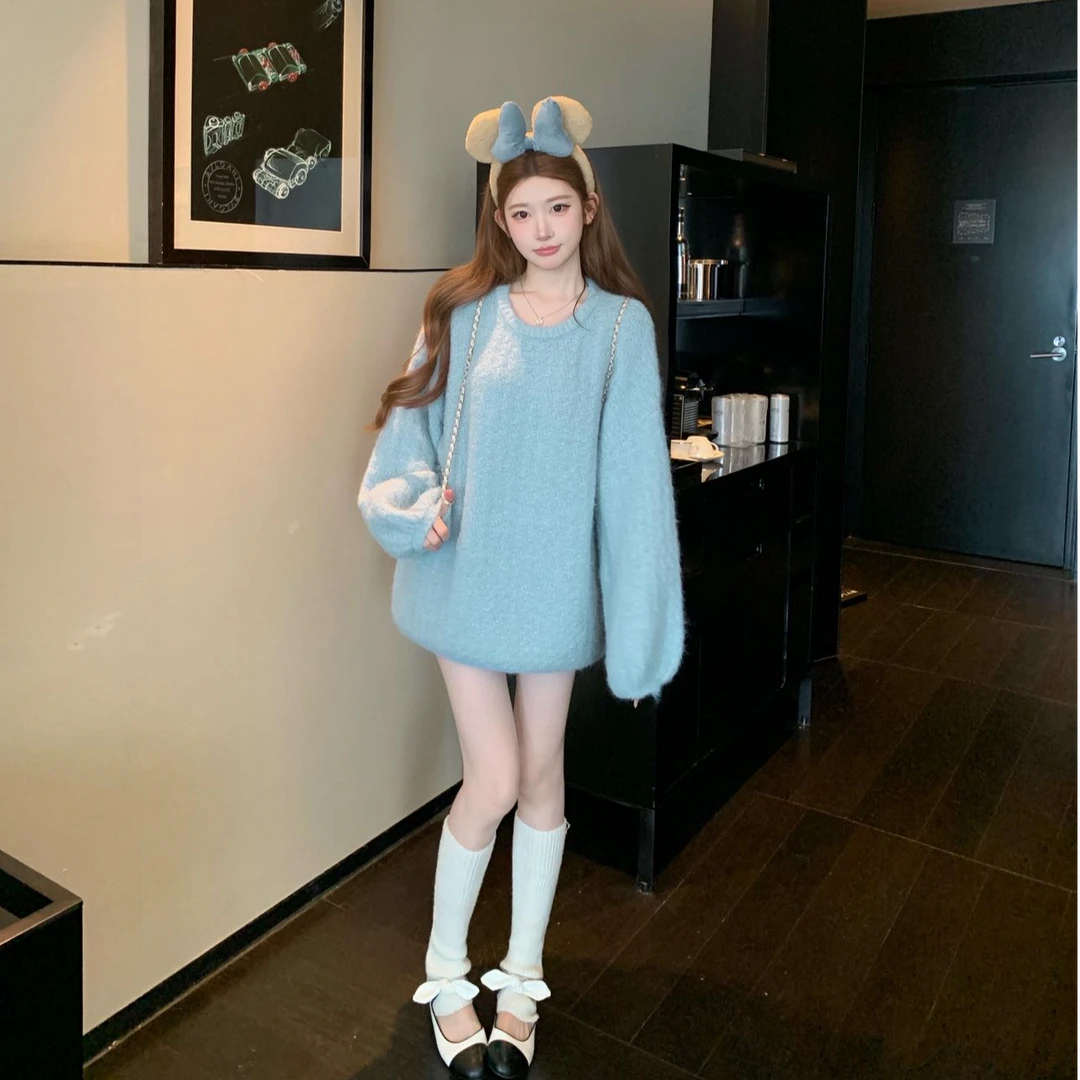宽松性感辣妹长袖慵懒风外穿针织上衣套头洋气休闲百搭时尚气质女