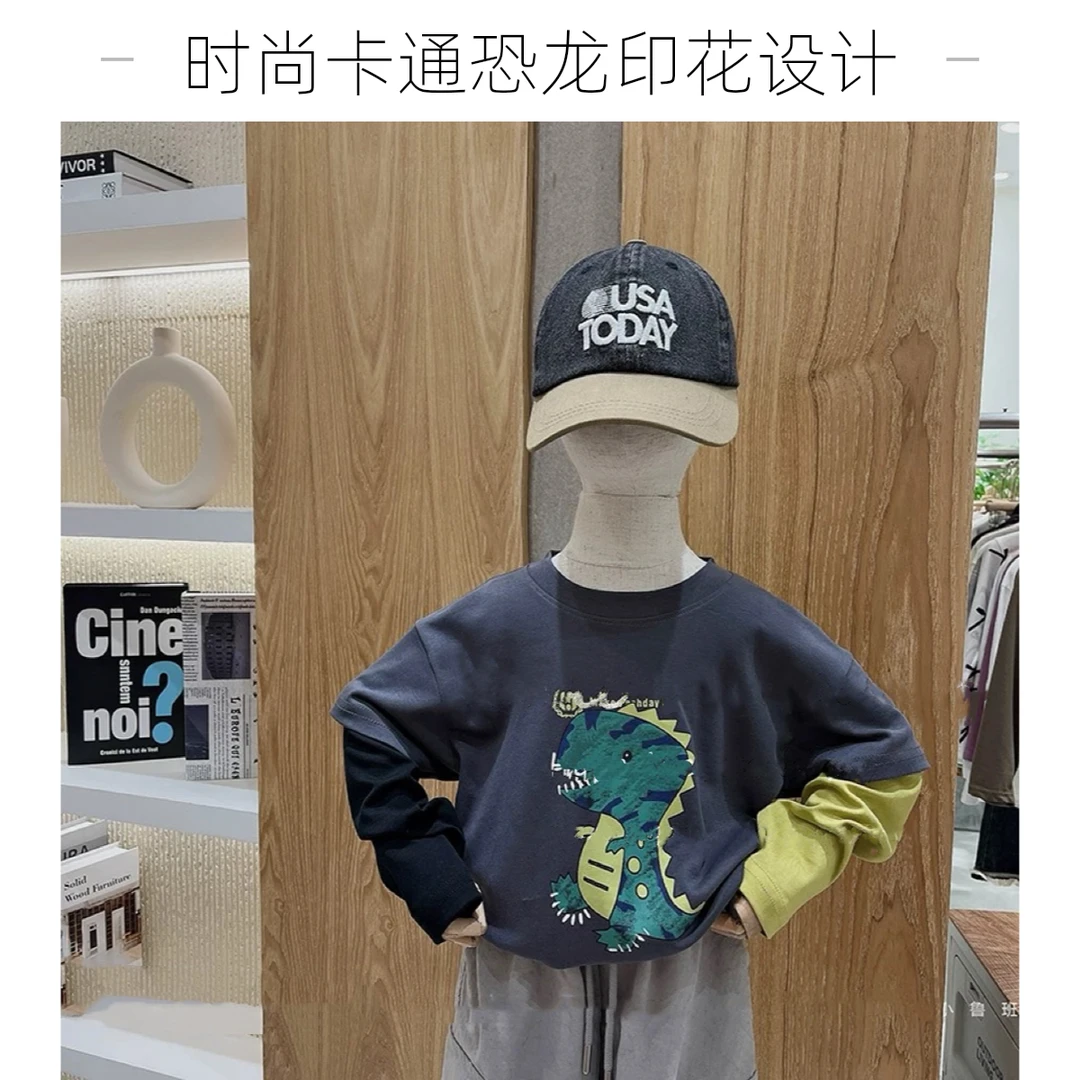 潮酷春秋款百搭AB袖恐龙T恤假两件上衣休闲套头秋季洋气长袖