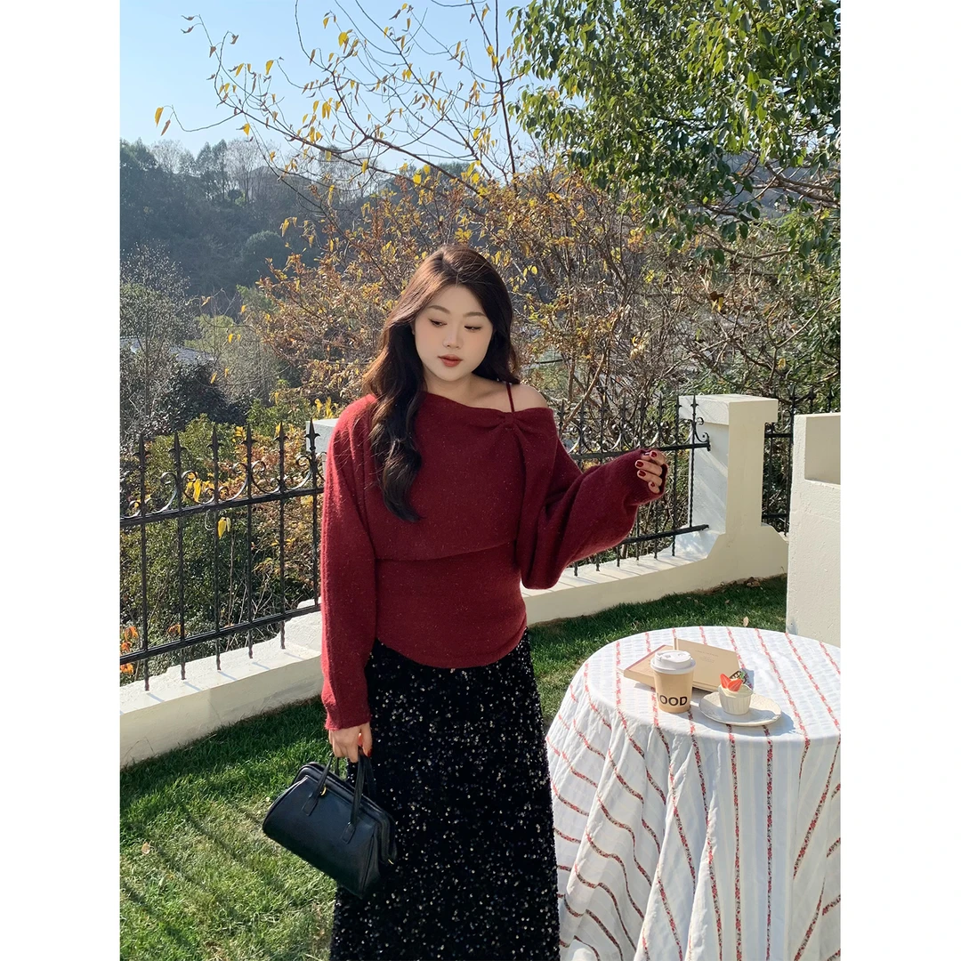 裂渡宣宣【小露香肩】扭结斜肩毛衣女百搭显瘦设计感两件套ZY510A17