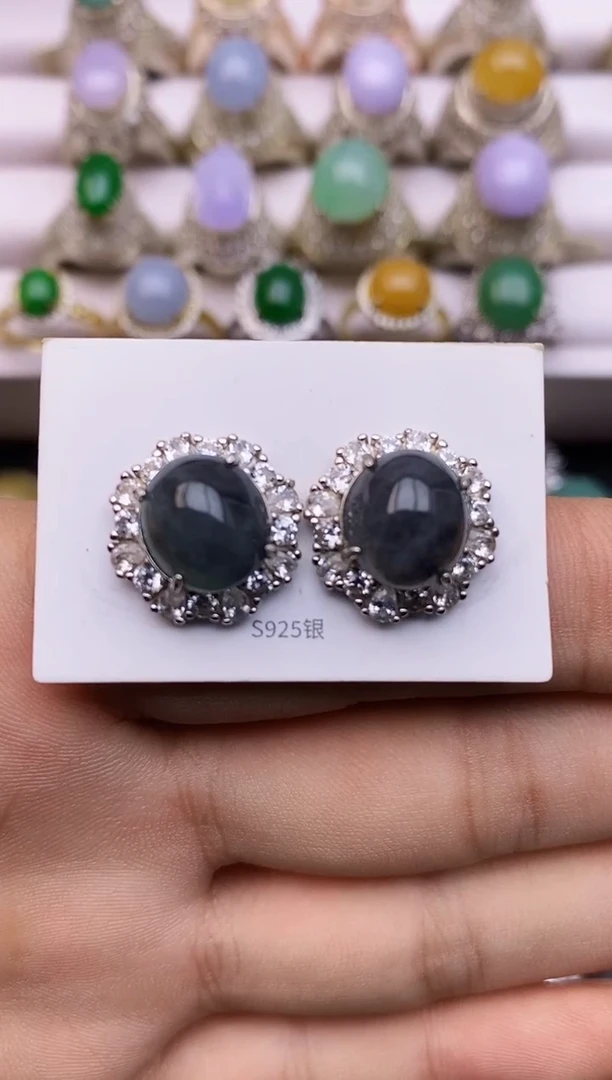 银S925镶嵌翡翠耳饰2388