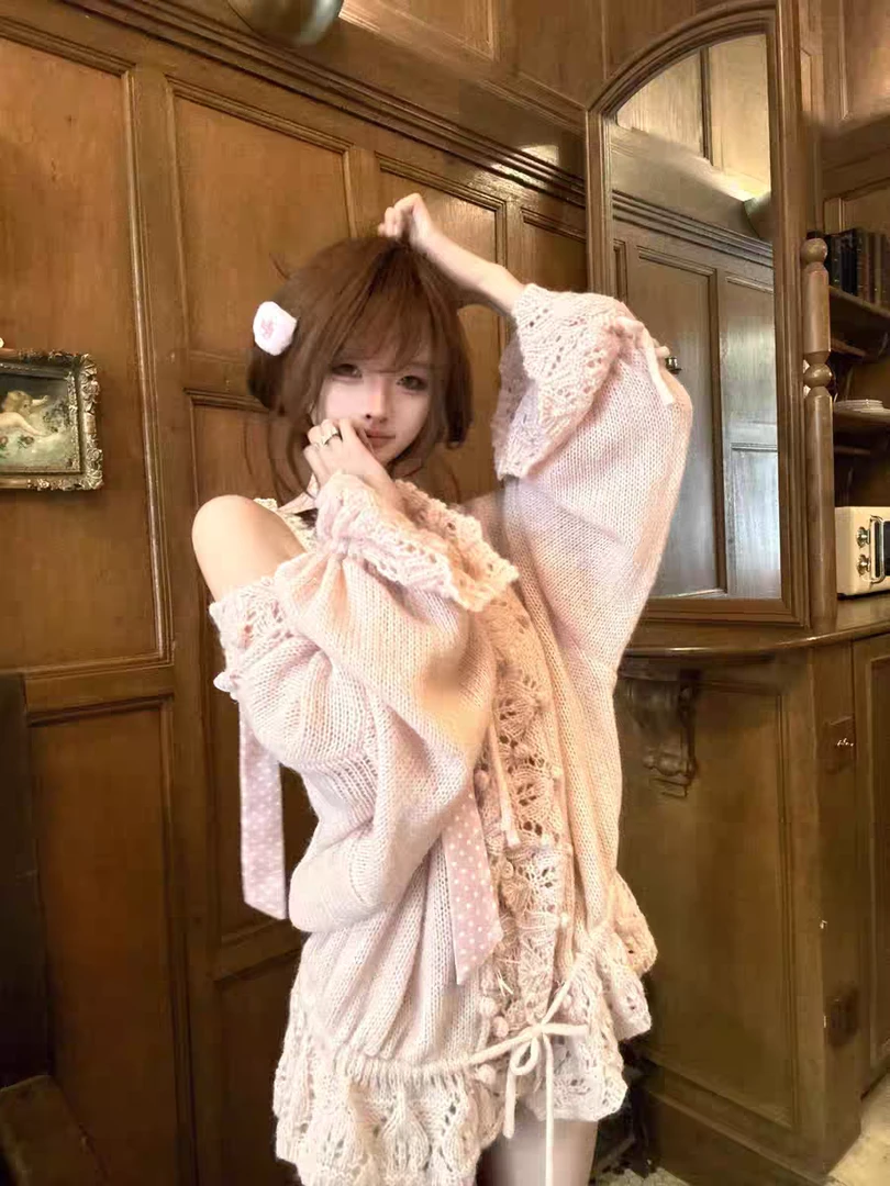 古早美神 甜美温柔慵懒风韩版宽松显瘦镂空钩花v领针织衫开衫外套