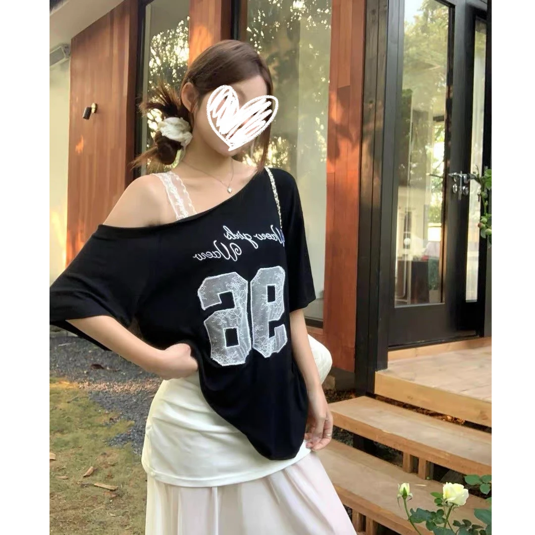 红色芝士redcheese 美式蕾丝拼接斜肩新款贴布刺绣纯欲上衣女