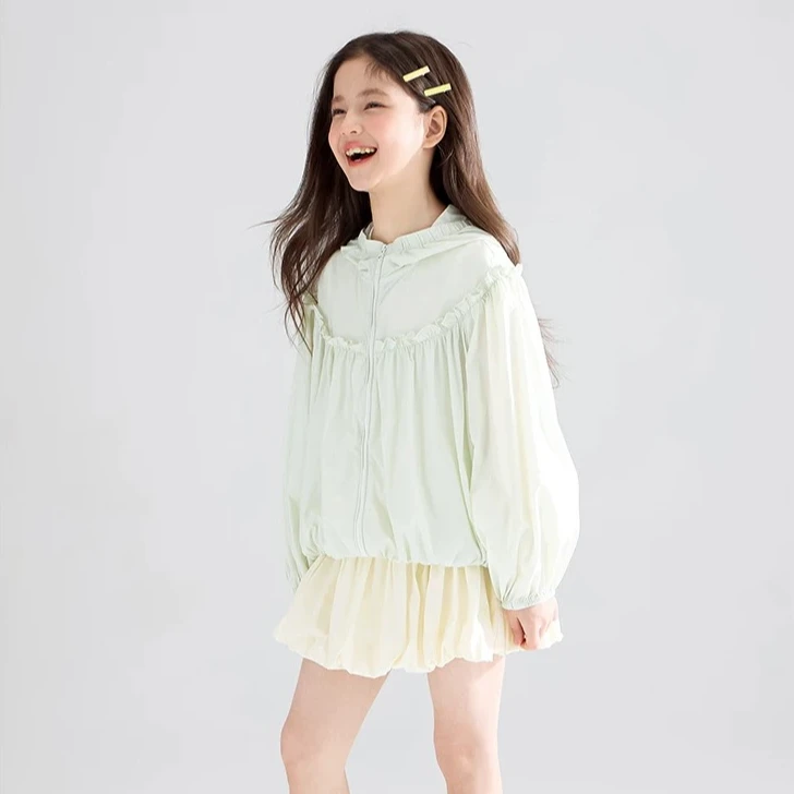 女童防晒衣2025夏季新款中大童冰感柔软速干花边连帽时尚防晒外套