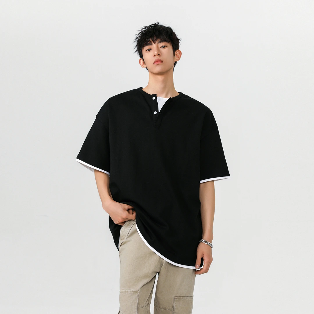 假两件亨利领短袖T恤男夏季美式小众设计感宽松休闲重磅体恤-2560