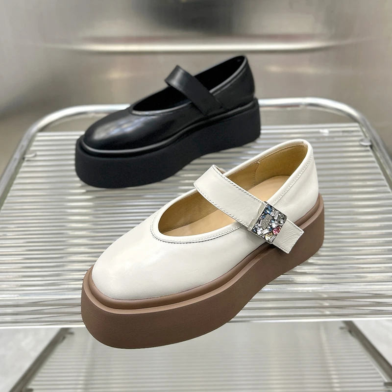 2301313-8玛丽珍女鞋2025新款方头真皮松糕单鞋水钻浅口小皮鞋