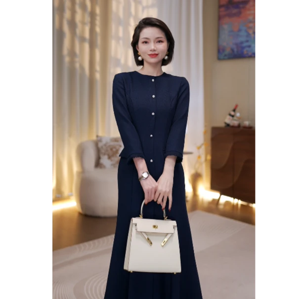 MEXCOCO/兰瑟儿新款气质名媛小香风长袖收腰鱼尾连衣裙104QL2254