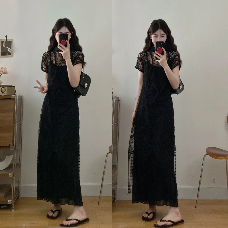 大码【风情万种】夏季新款新中式气质黑色连衣裙蕾丝罩衫吊带裙套裙