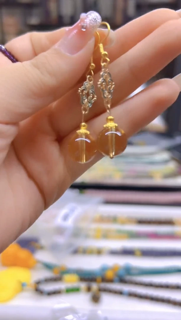 黄晶耳饰14K金镶嵌DIY款E564