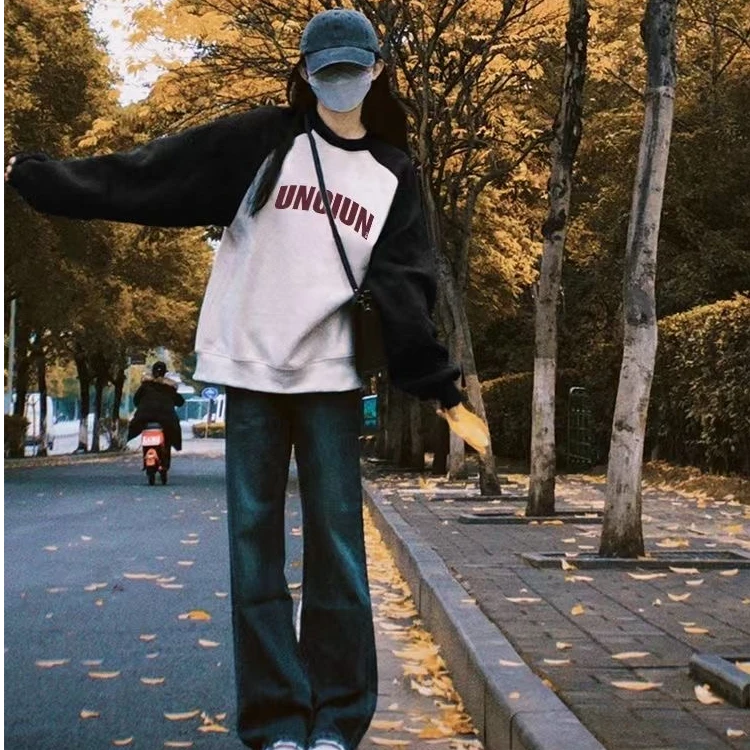 美式复古圆领百搭长袖插肩拼色卫衣春秋oversize上衣休闲加绒打底