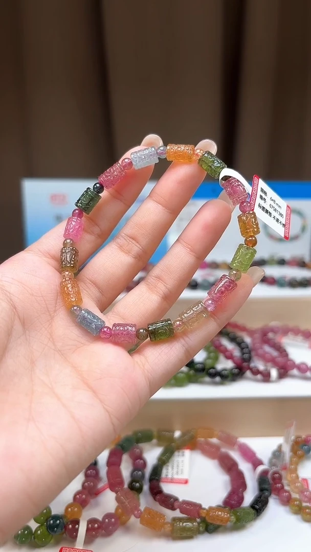 未镶嵌手串碧玺6*8mm手工雕刻巴西老料玻璃体艳丽色回纹桶珠单圈