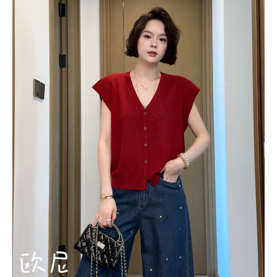 欧尼私服 025夏时尚V领单排扣针织无袖马甲开衫上衣2505C2759