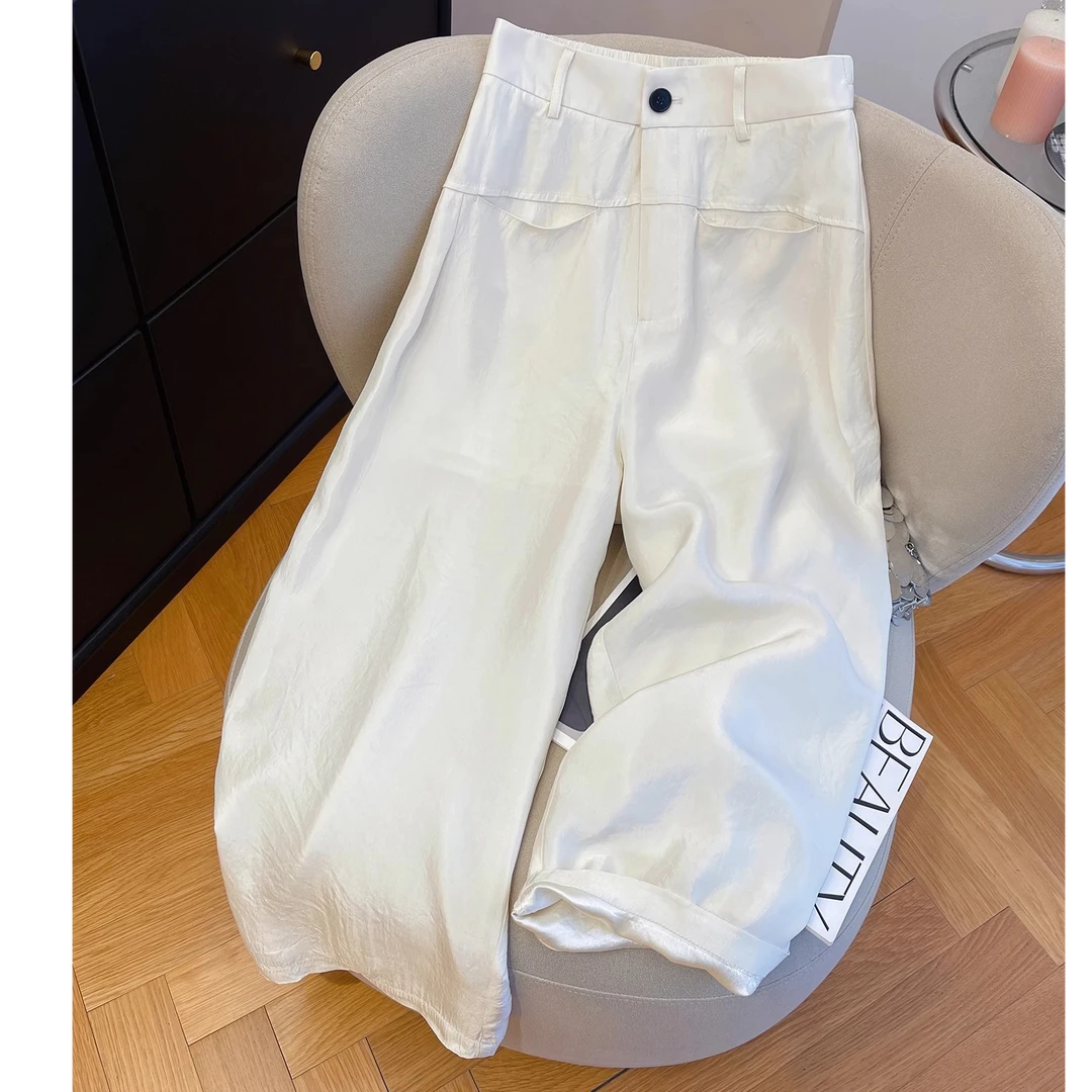 一字口袋醋酸缎面九分弯刀女2025夏季薄款显瘦洋气垂感休闲直筒裤