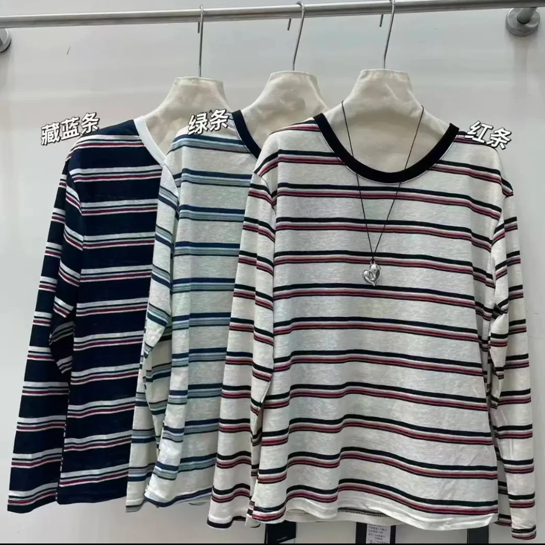 韩版时尚洋气宽松撞色条纹圆领长袖防晒T恤