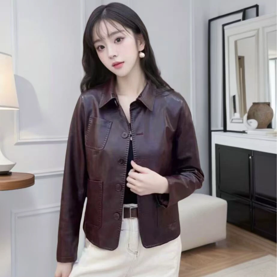 【单里衬】海宁正品2025春季新款时尚百搭翻领气质皮衣外套女123