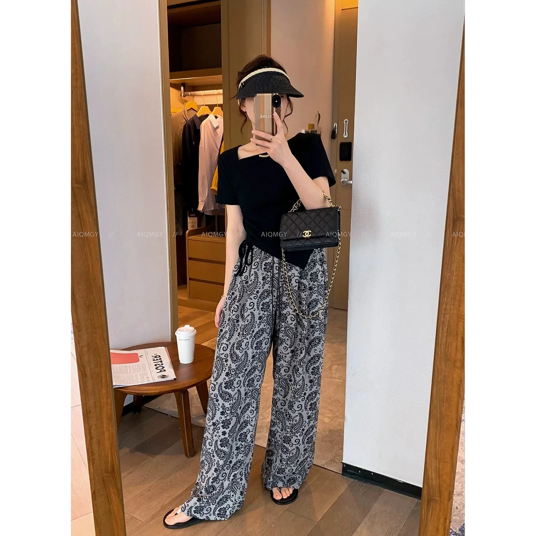 无印心匠D14322-1夏季减龄短袖上衣搭配高腰阔腿裤 K970