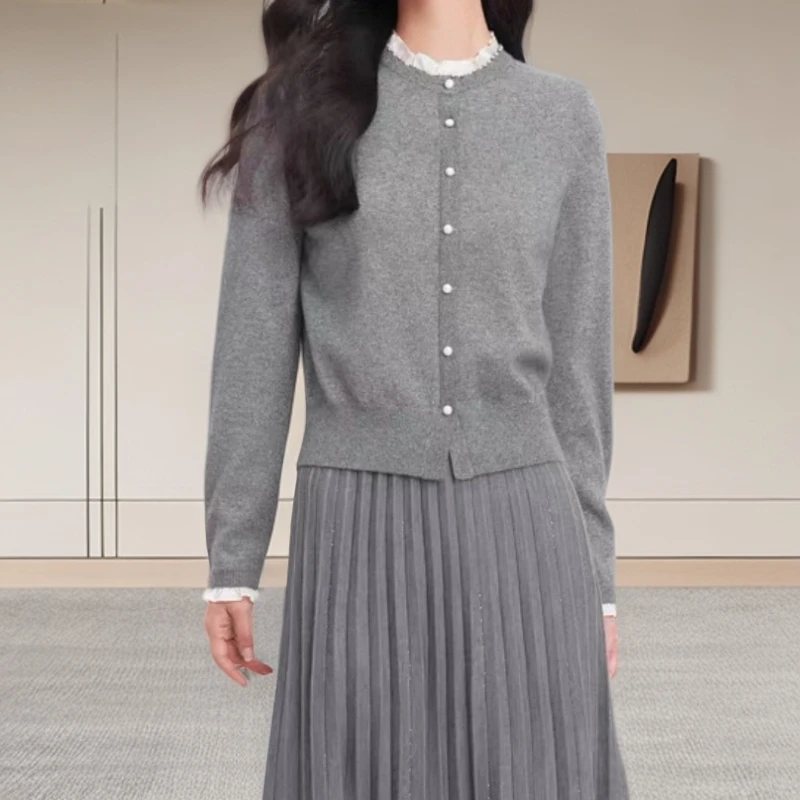 【 985针织衫】薇乐小香风气质长袖时尚百搭灰色百褶秋冬