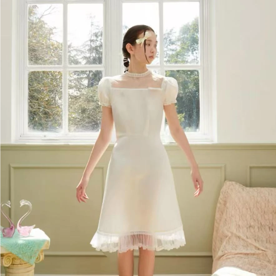 【奥体自播】网纱拼接白色连衣裙