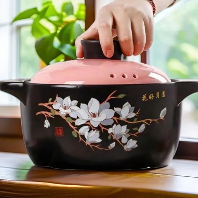 4.2升花好月圆家用炖煮燃气明火耐高温煤气灶煲汤砂锅冷热加厚汤