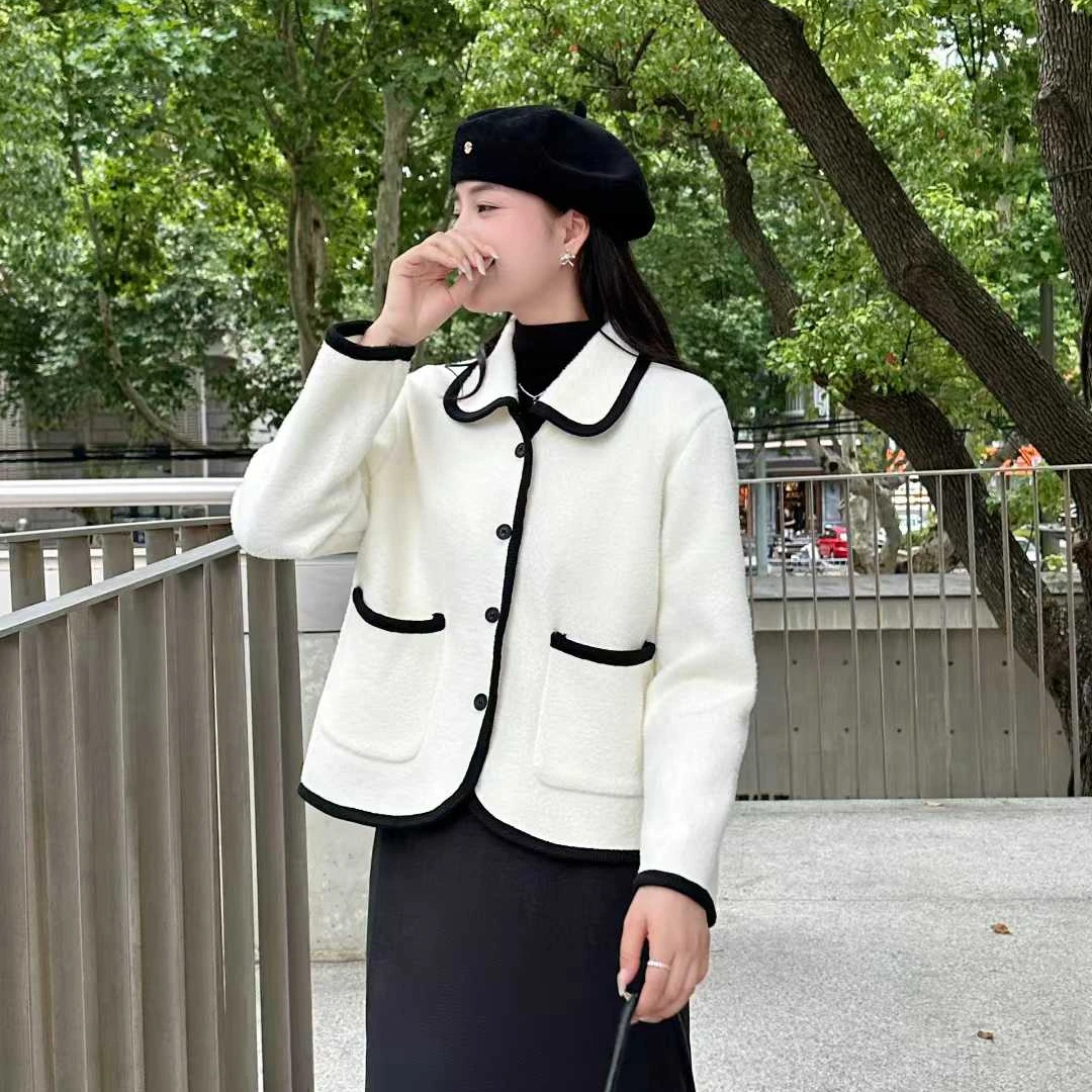 春秋白色翻领仿双面呢短款外套女小个子撞色开衫小香风呢子上衣潮