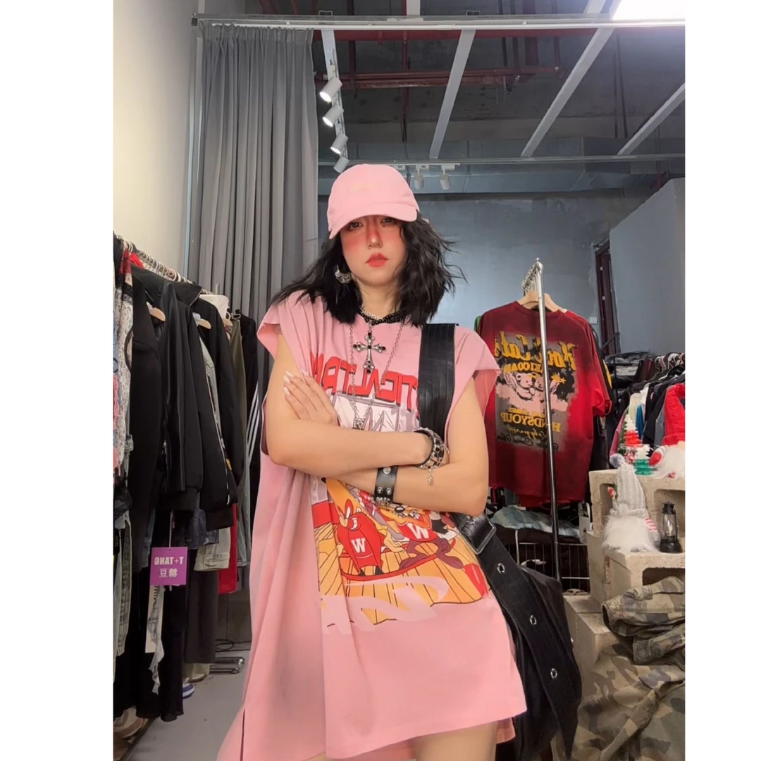 奇奇家 做旧扎染兔八哥篮球服休闲无袖坎肩中长款T恤