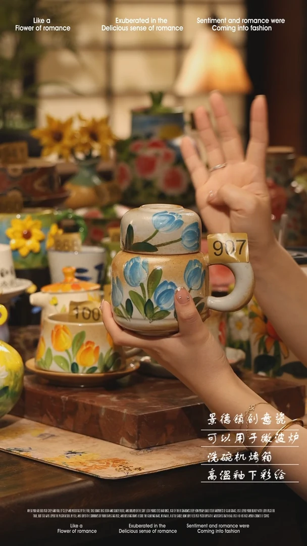 陶瓷907景德镇高温手绘釉下彩设计师款式