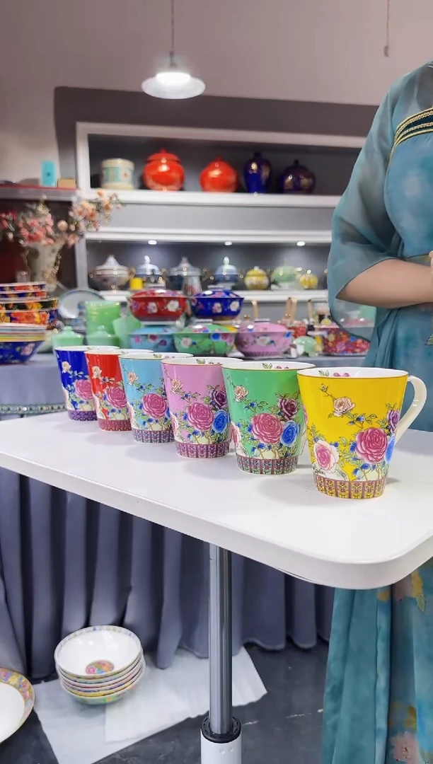 珐琅  牡丹花卉杯子6只装景德镇陶瓷
