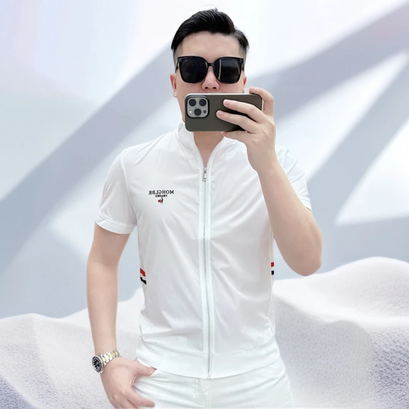 宾斯洛特夏季潮牌时尚薄款立领字母刺绣短袖拉链开衫修身T恤男士