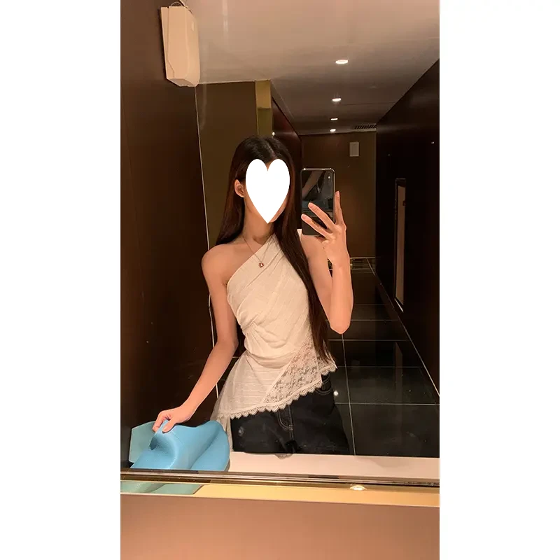 【幸子小姐】春夏韩系气质斜肩拼接蕾丝不规则T恤251U1019