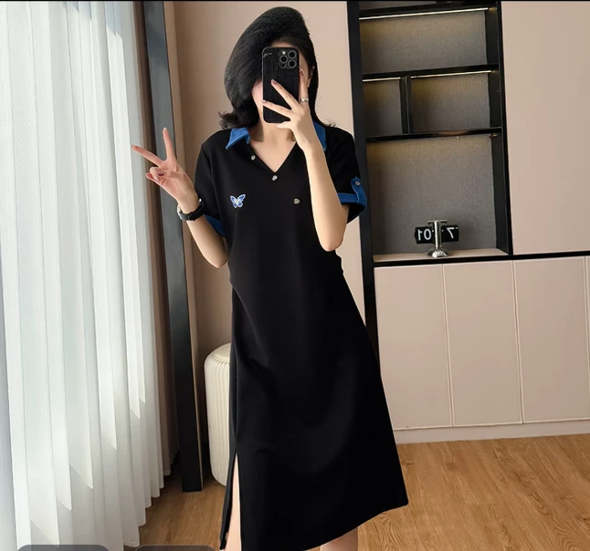 FF3021春季宽松腰收腰中腰连衣裙V领翻领常规长裙韩版