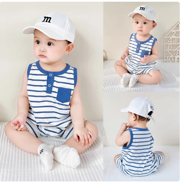 宝宝无袖背心连体衣男女童夏装新款哈衣爬服新生儿条纹休闲透气薄