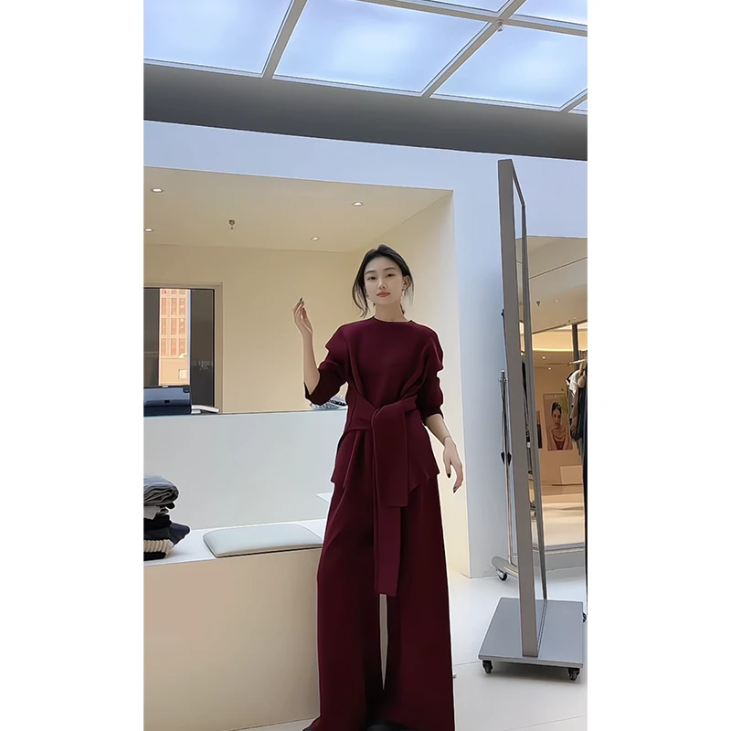 韩系设计感慵懒系带套装女2025冬季收腰两面穿上衣显瘦阔腿裤套装