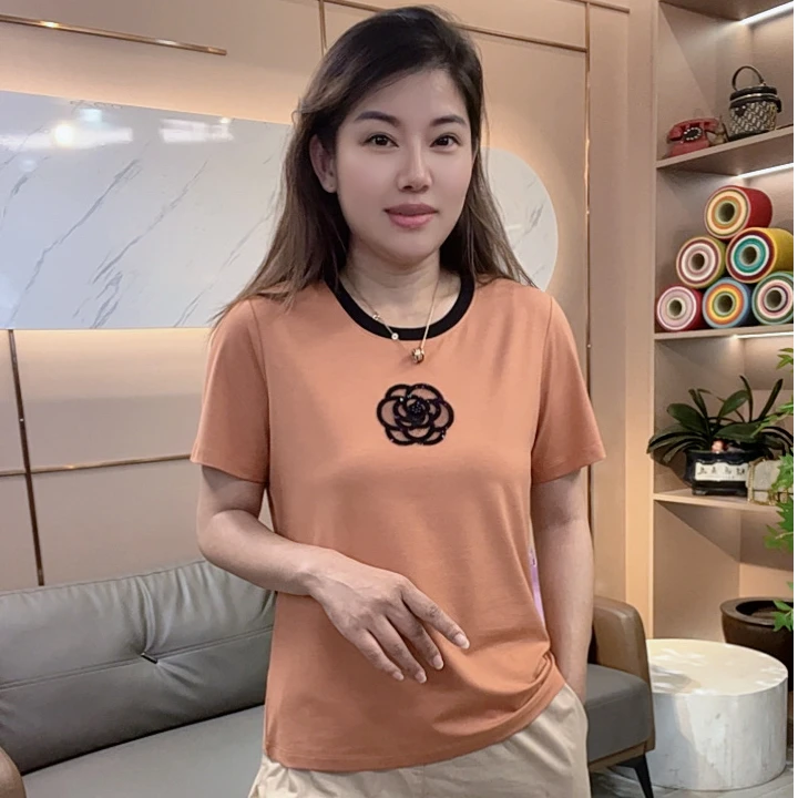 怡特美【山茶花】夏季宽松时尚兰精莫代尔棉拼色圆领短袖T恤259860