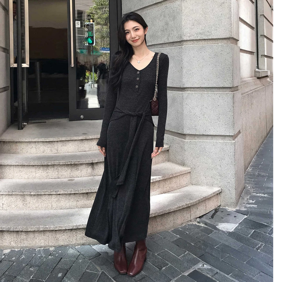 高个子韩系温柔海军领长袖针织连衣裙女可拆披肩裙子修身两件套